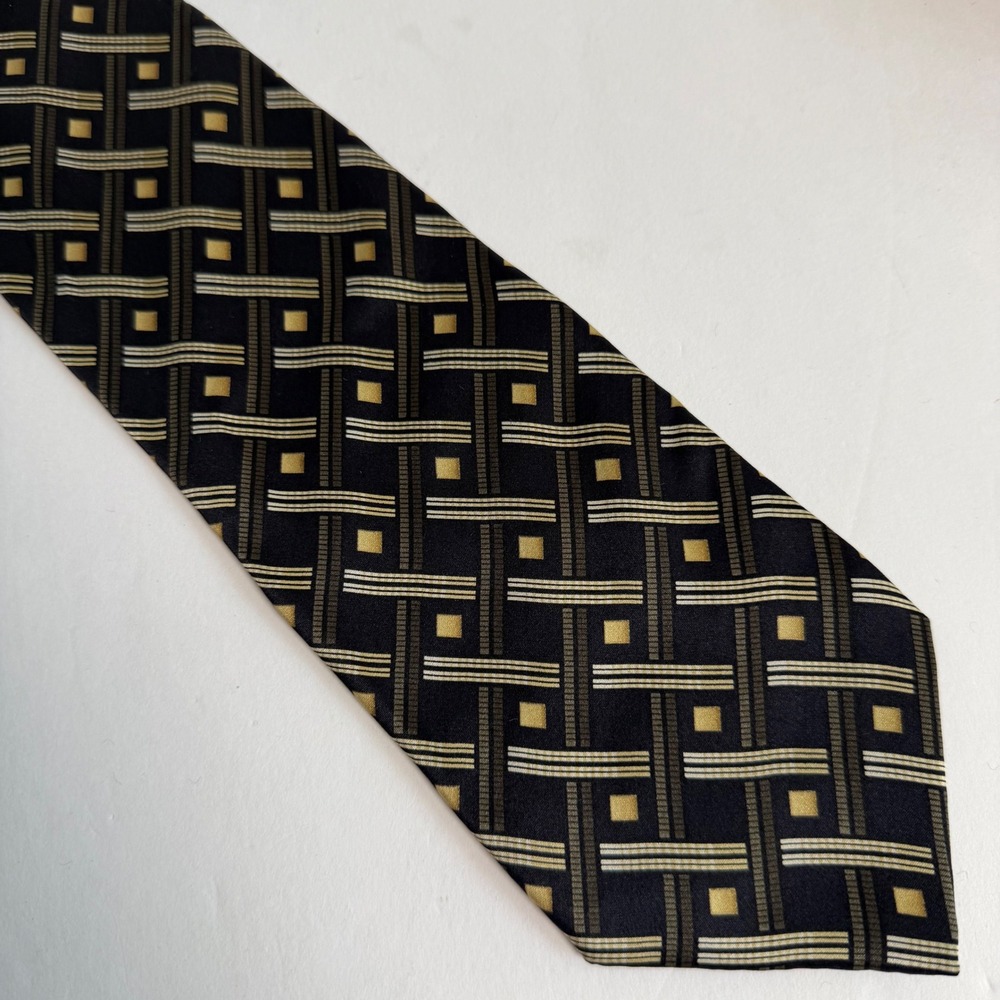 Vintage Necktie Black Gold Geometric Tie Silk Classic Retro 90s Business Formal